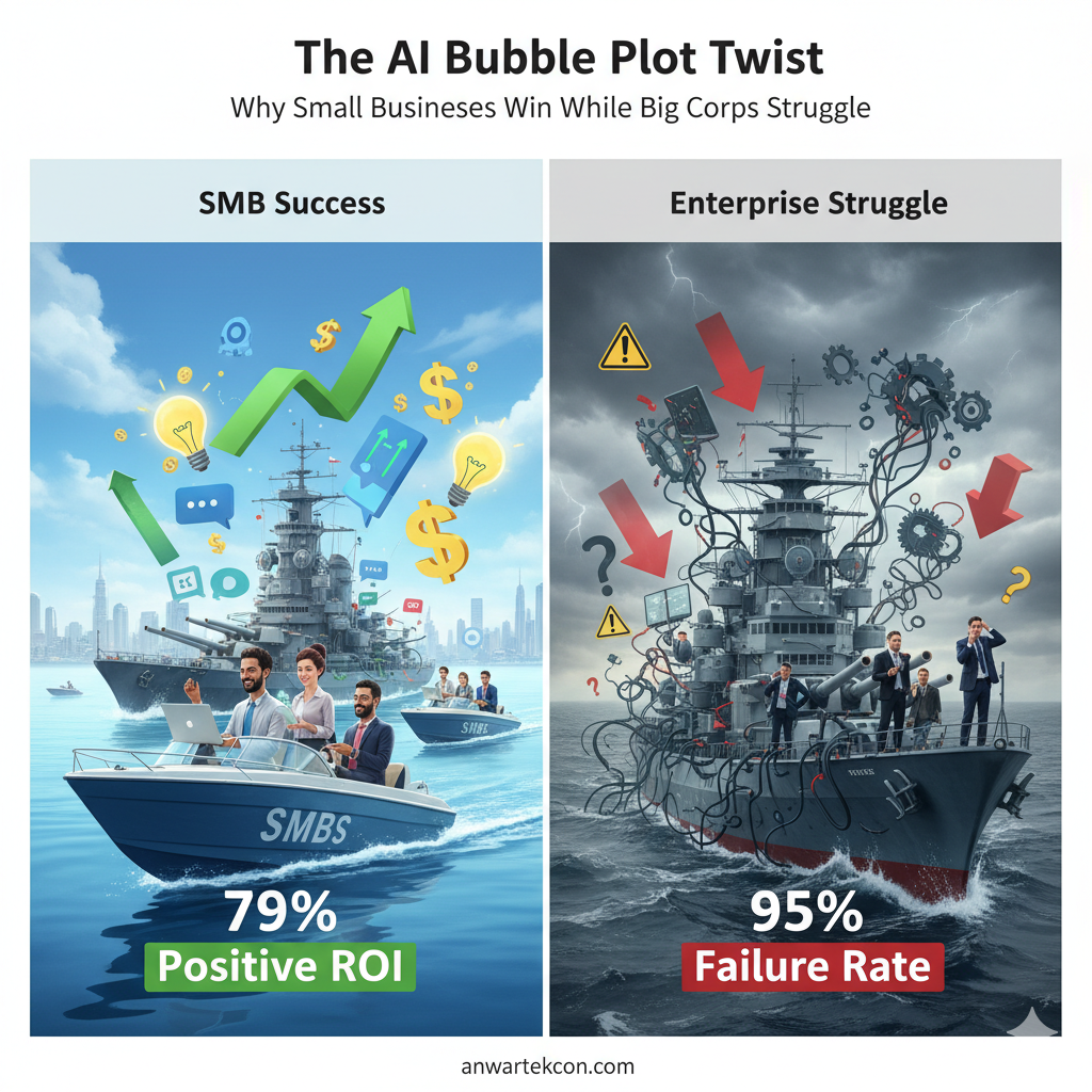 An abstract image representing the AI bubble, with small, agile entities navigating successfully.